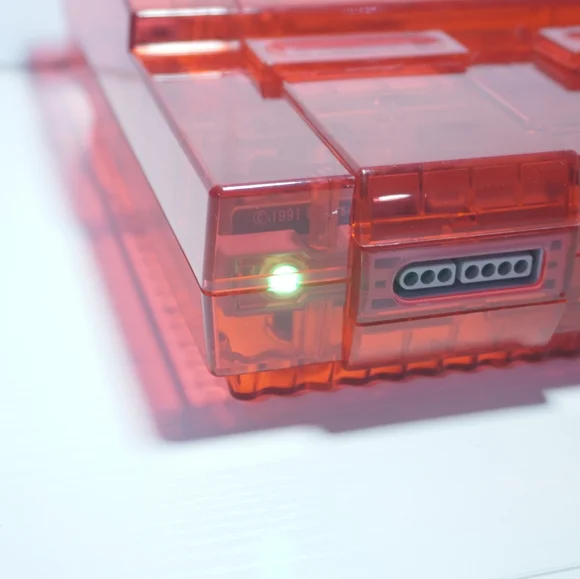 Transparent Clear Red Super Nintendo SNES Game Console SNS-001 with Green LED
